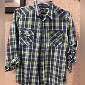 Blue and green Men’s Plaid button down long sleeve shirt.